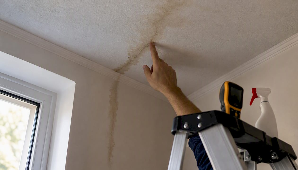 Hand tracing water stain path on ceiling