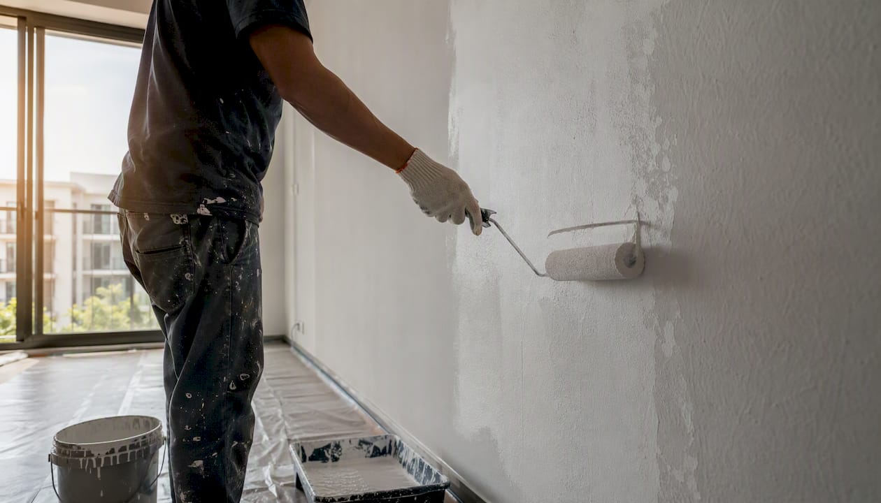 Applying primer coat to condo wall