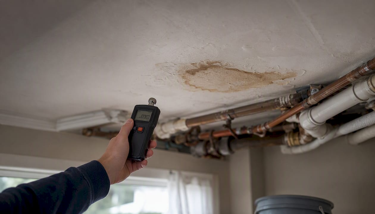 Plumbing leak causing water stain on ceiling