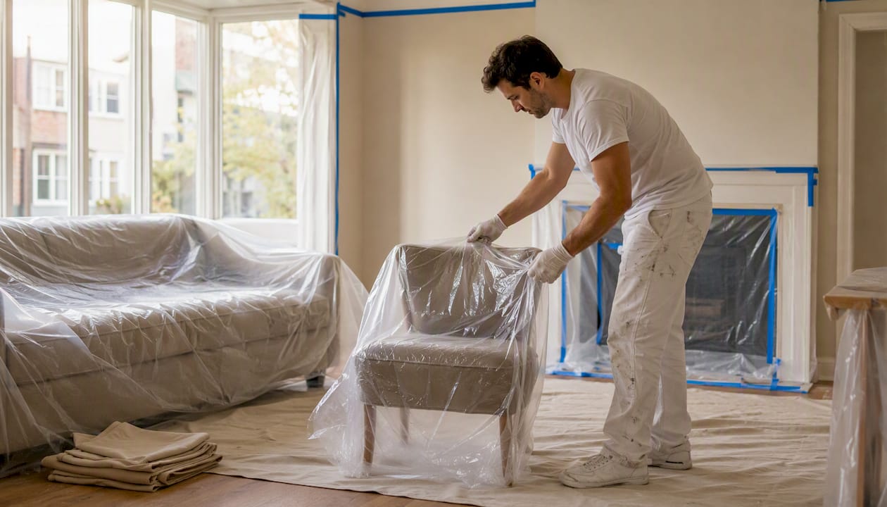 Painter covering small furniture with plastic sheeting