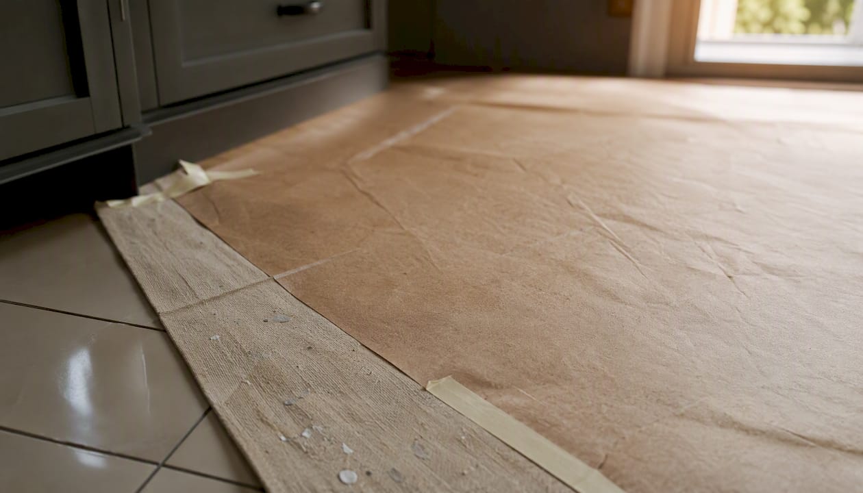 Layered floor protection with canvas drop cloth and rosin paper