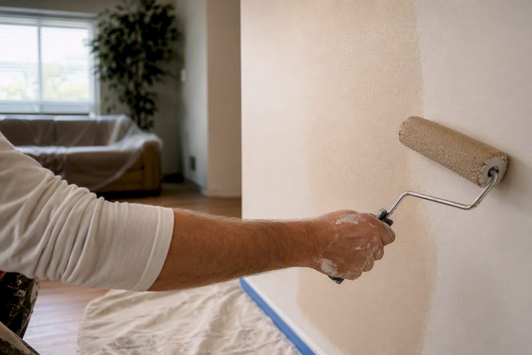 Painter applying primer to wall