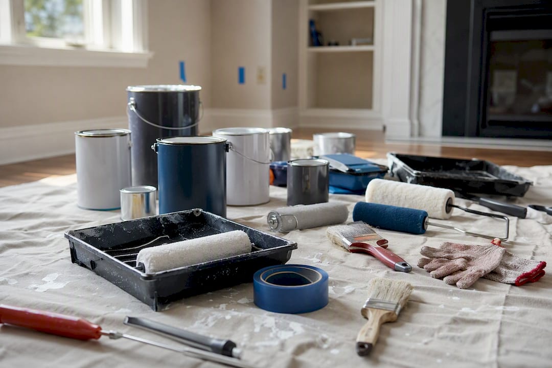 Painting supplies on drop cloth