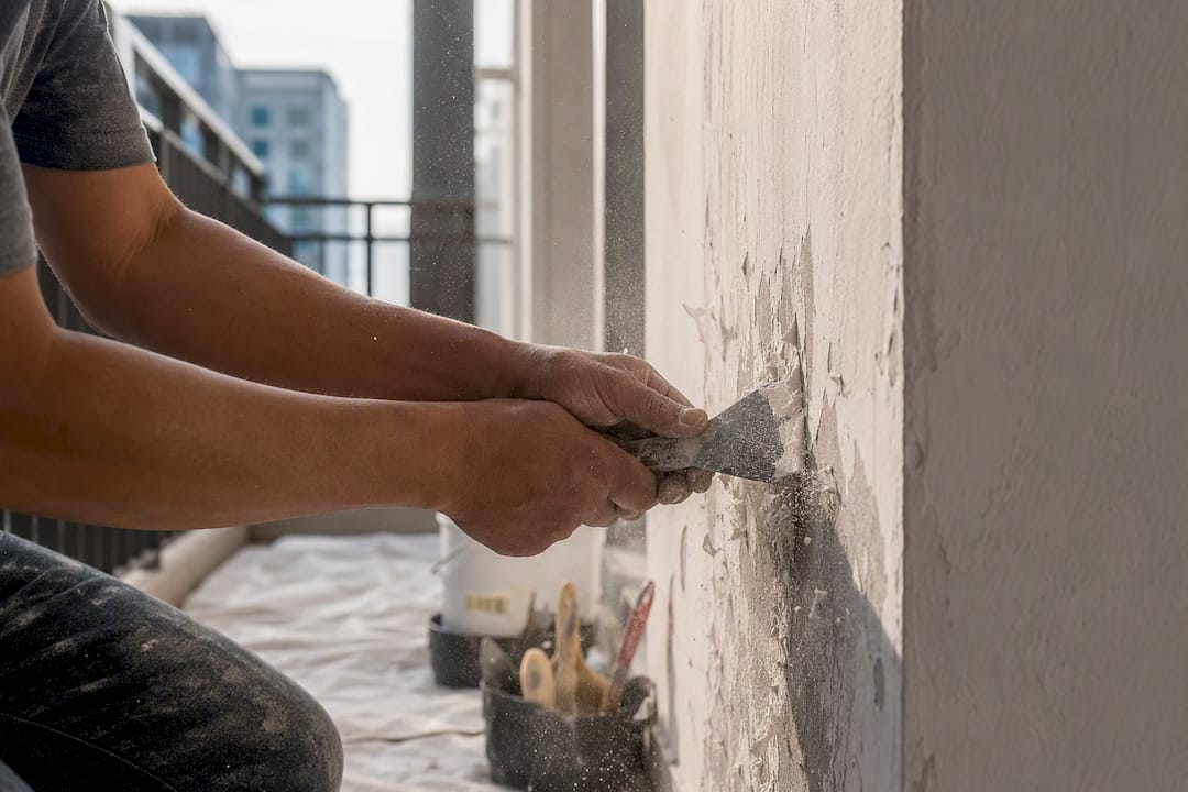 Painter sanding wall surface preparing for paint