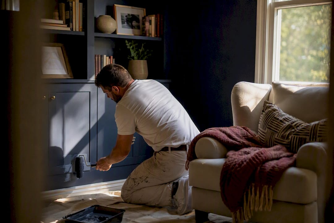 Small room painted deep teal with natural light
