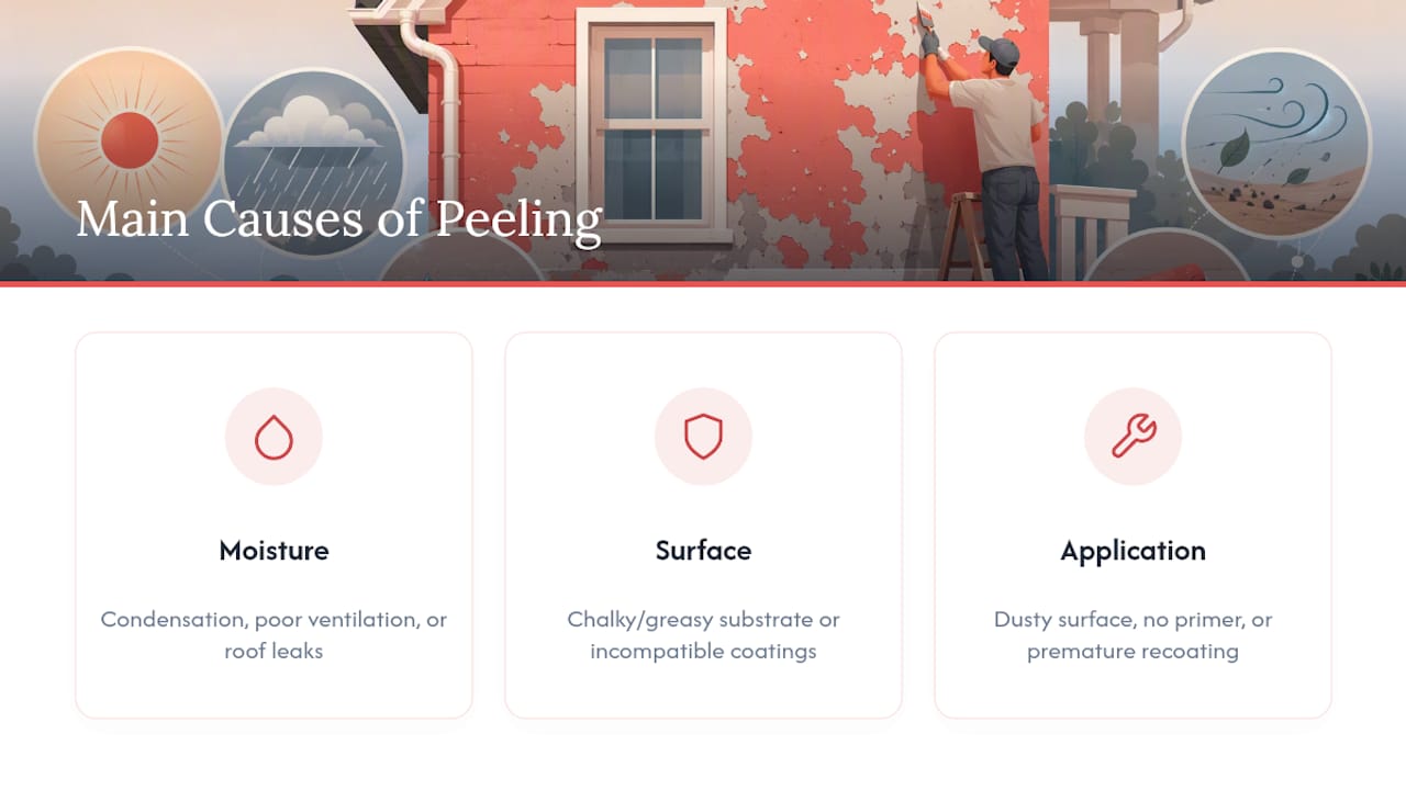 Diagram of peeling paint causes by moisture, surface, and application errors