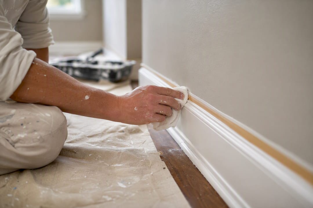 Painter wiping paint drips on baseboard