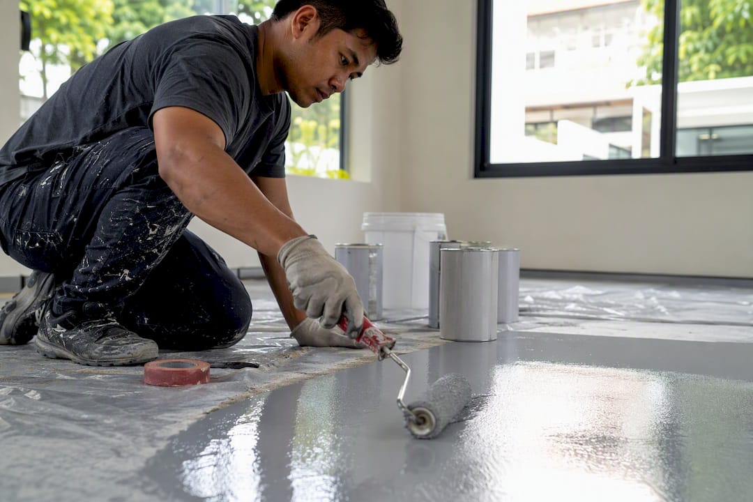 Painter applying two-part epoxy to garage floor