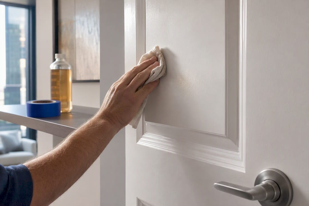 Hands using hair dryer to soften tape residue on oil-based painted door
