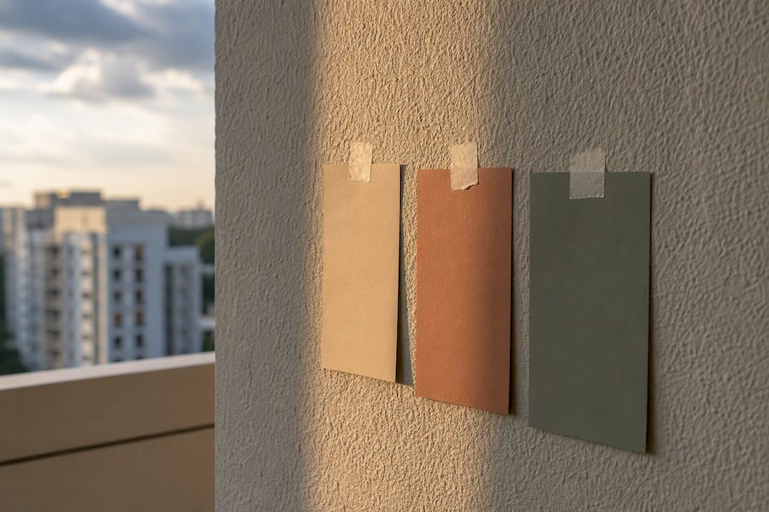 Paint swatches showing color change under lights
