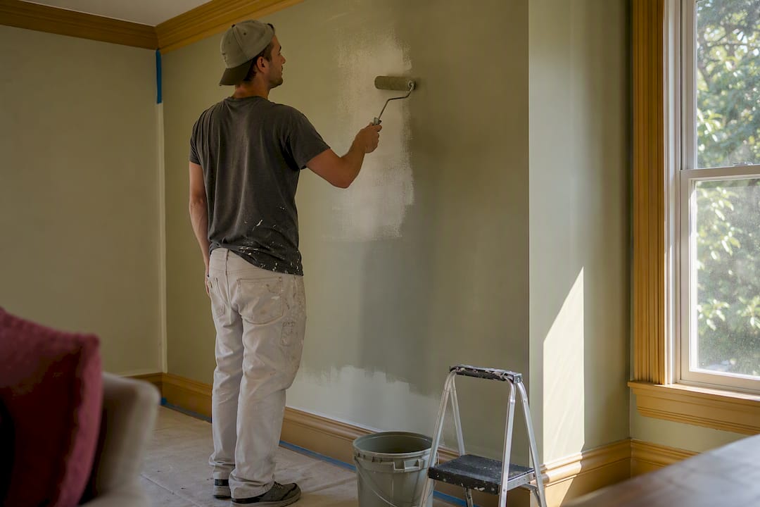 Painter applying muted sage paint near white trim