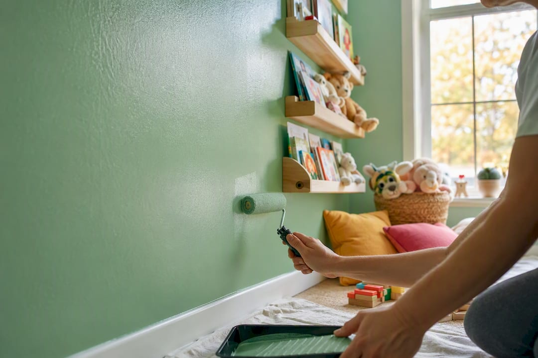 Hand rolling satin finish paint in kids playroom