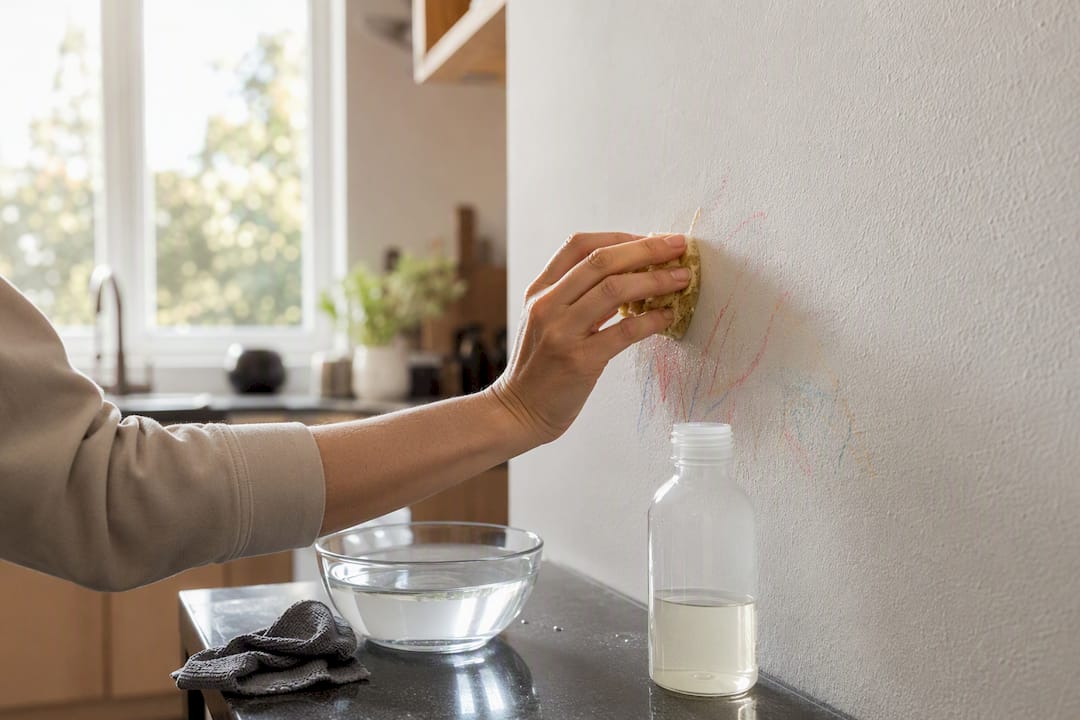 Hand cleaning crayon marks from wall with sponge