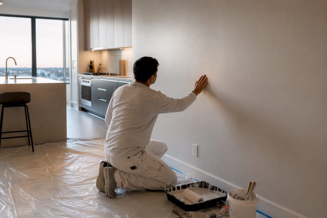 Painter inspecting satin wall scuff mark