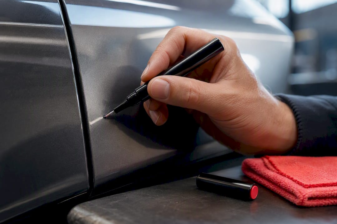 Touch-up pen covering a small paint chip