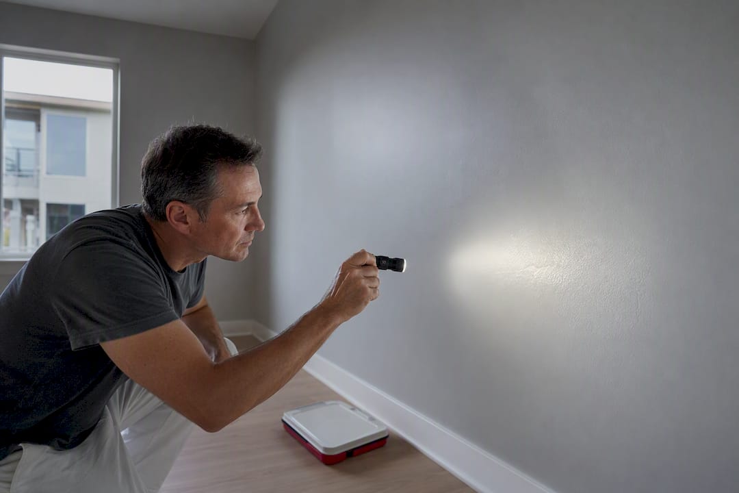 Flashlight revealing wall paint imperfections