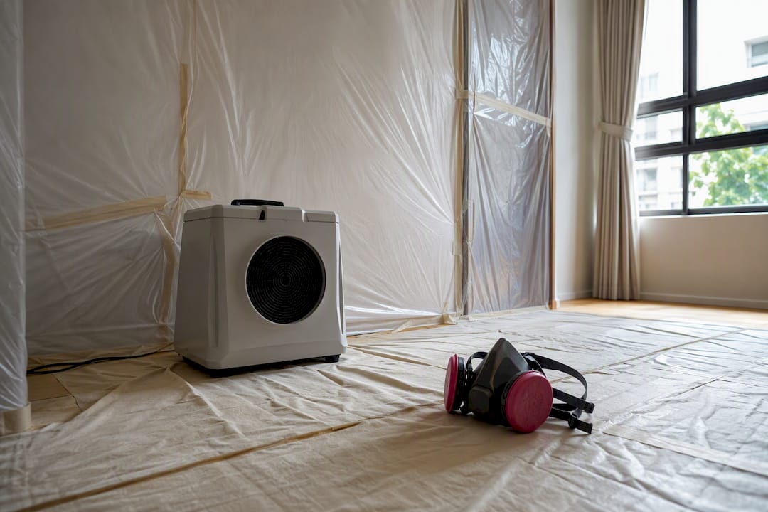 Dust-contained wall sanding area with respirator