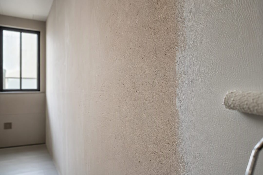 Porous fresh plaster beside mist coat