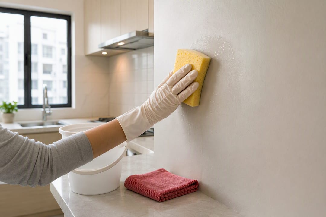 Damp sponge gently cleaning painted drywall