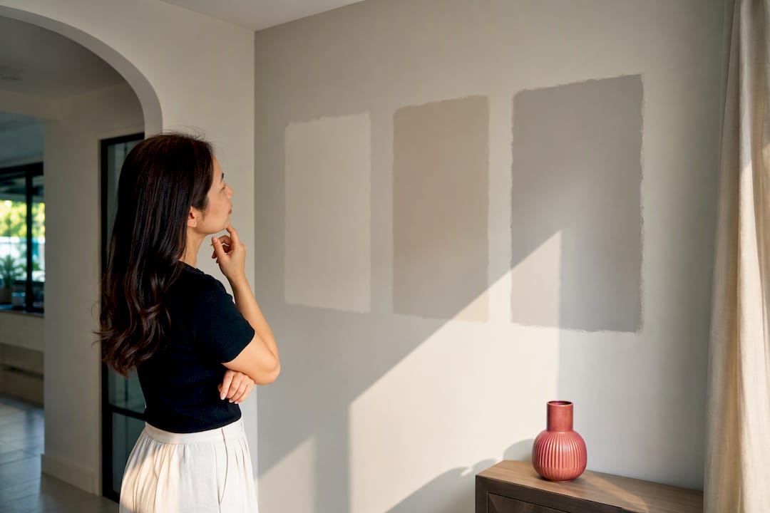 Homeowner checking three wall paint swatches