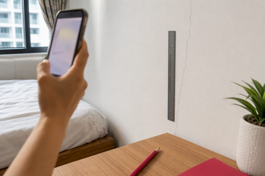 Measuring and photographing a wall crack
