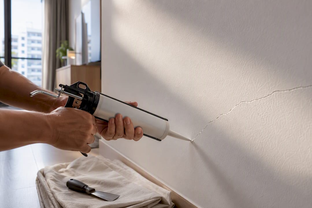 Hands sealing a hairline wall crack