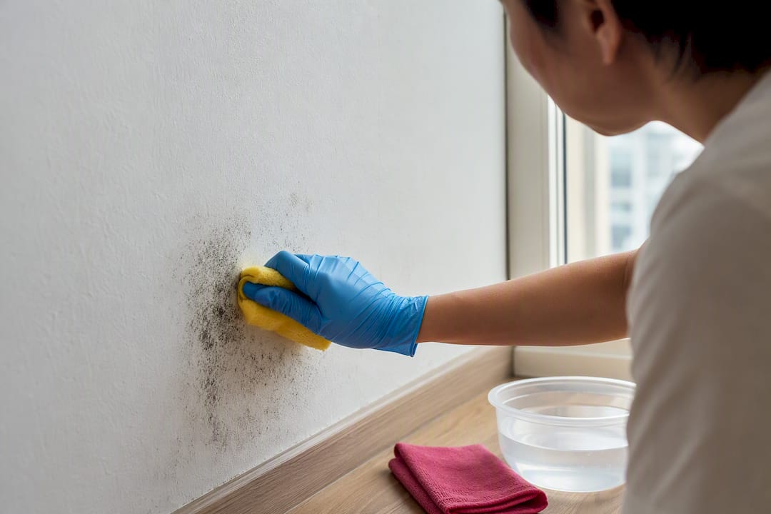 Gloved hands cleaning mould from painted wall