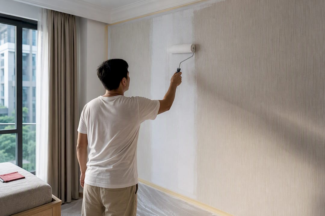 Painter rolling primer across wallpaper