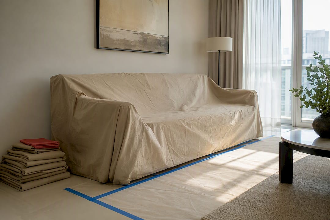 Sofa covered before professional interior painting